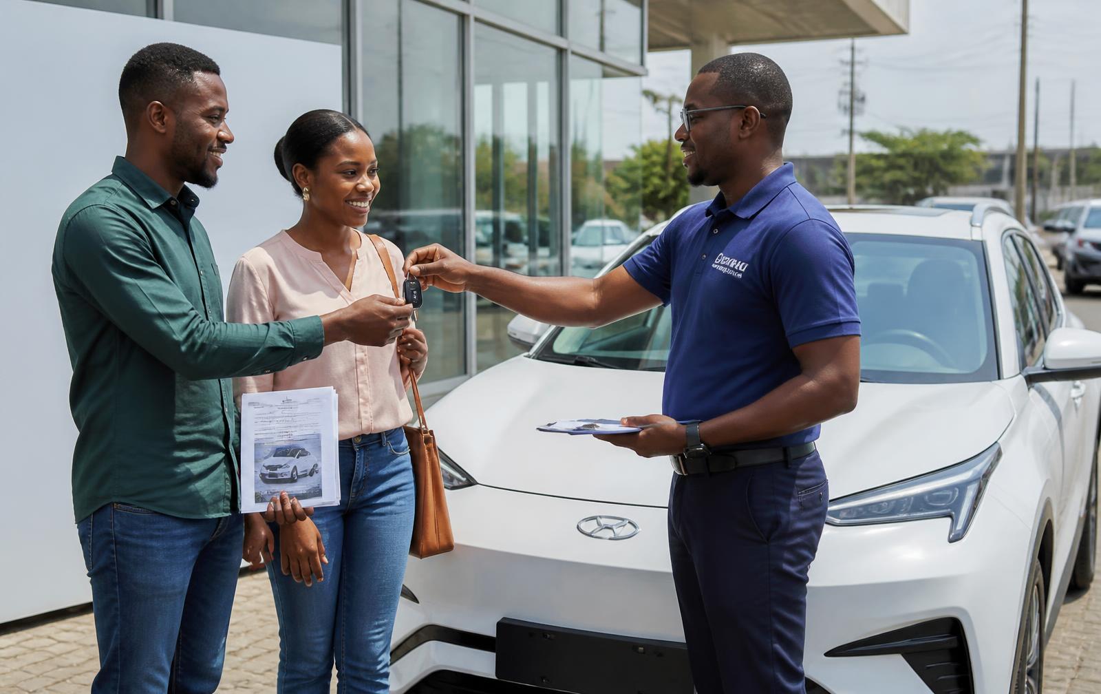 A Nigerian couple receiving the keys to a new white electric SUV outside a Lagos dealership