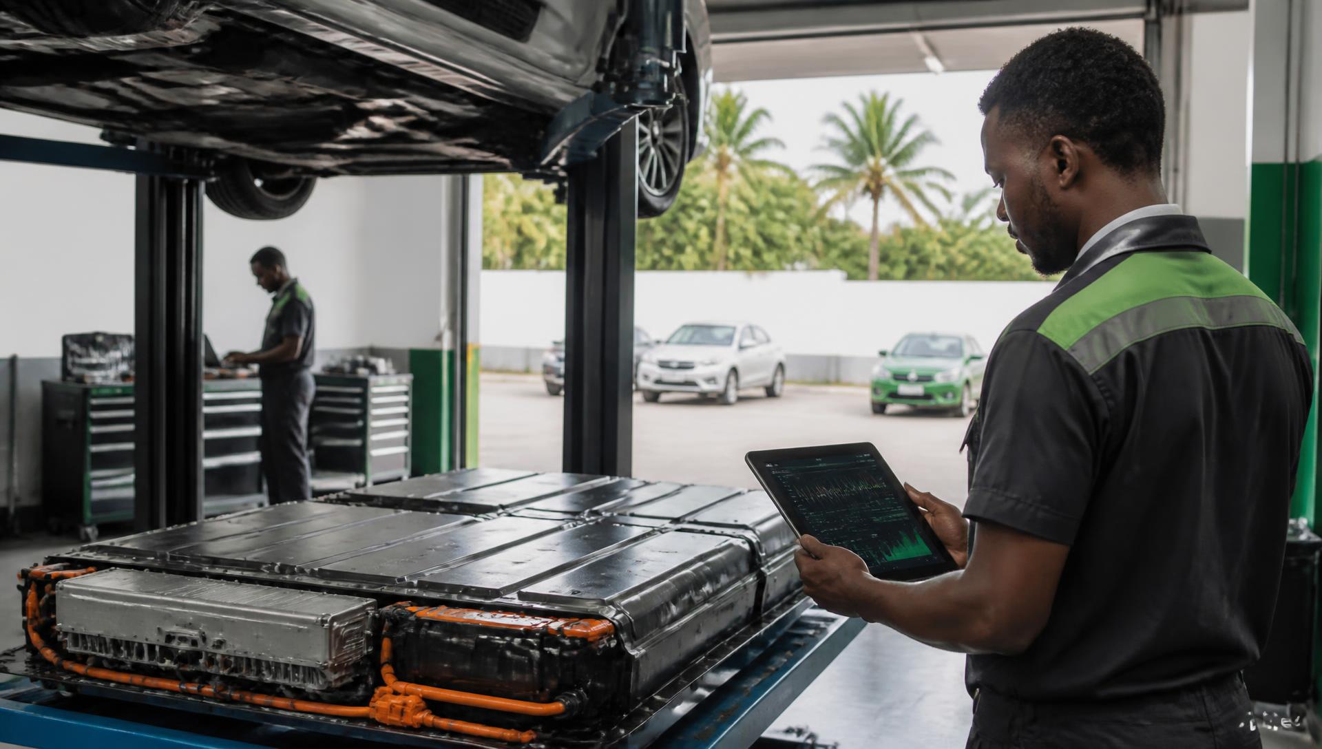 Technician running EV battery health diagnostics on a liquid-cooled pack in a tropical West African workshop
