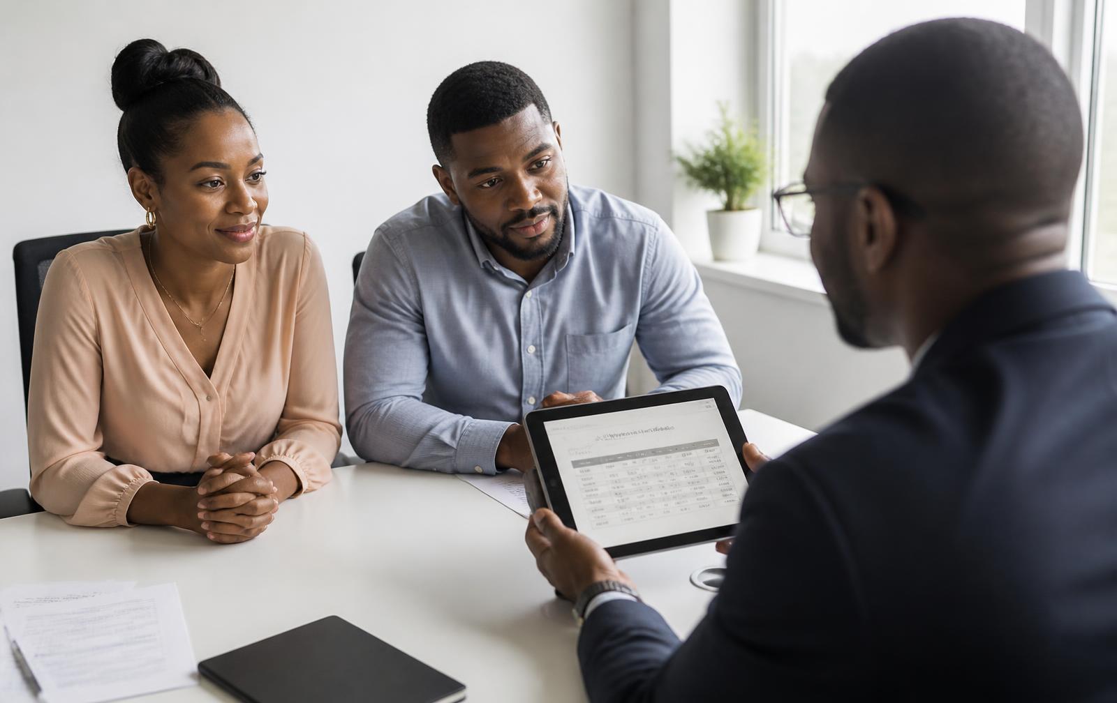 A Nigerian couple reviewing an electric car monthly repayment schedule on a tablet with a finance officer in a bright Lagos office