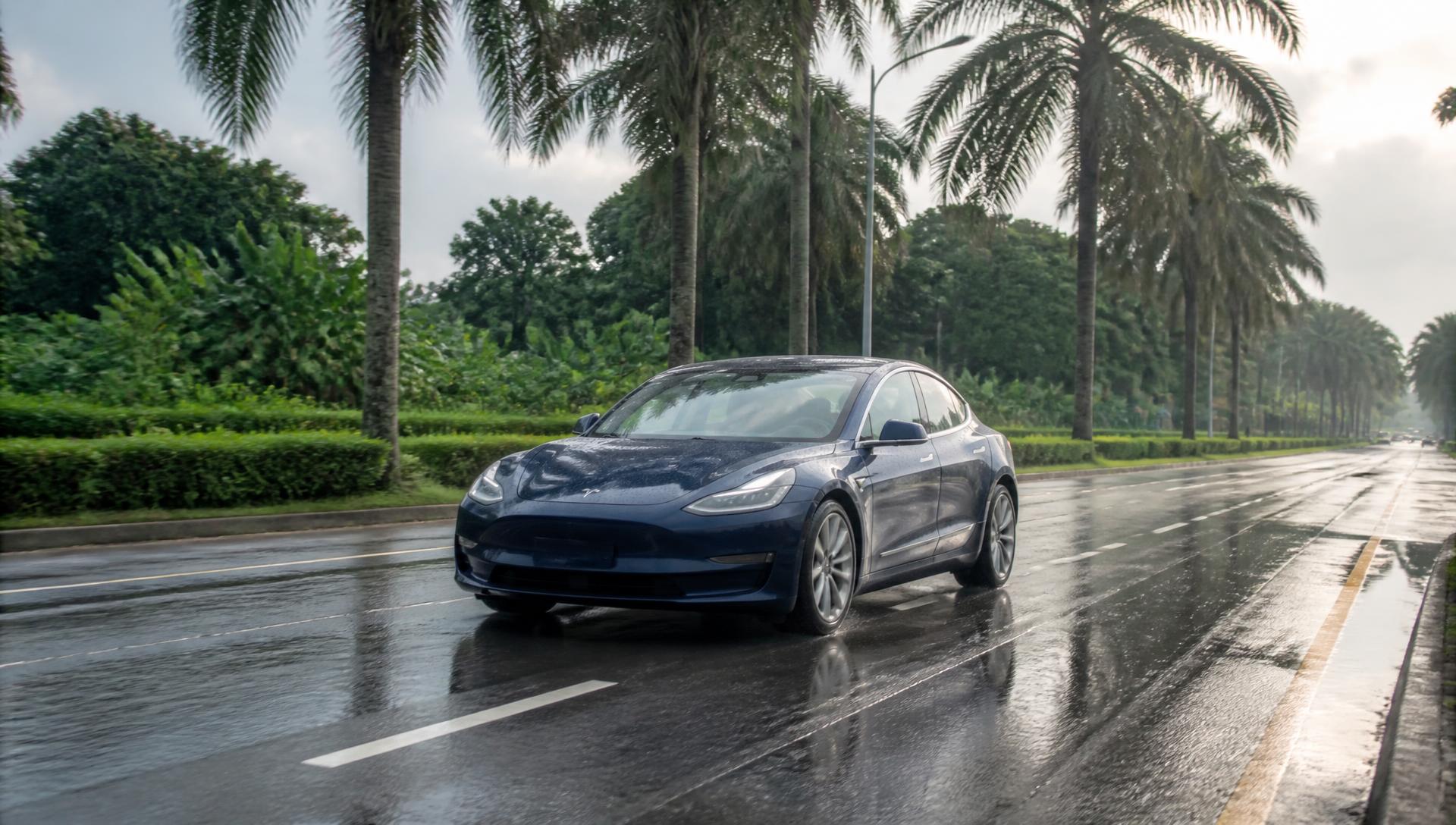 Electric sedan driving on a wet palm-lined road in Port Harcourt, Rivers State