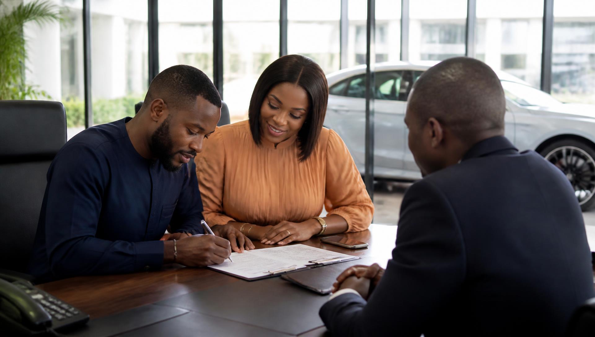 Nigerian couple signing electric vehicle finance paperwork with a bank officer in Lagos