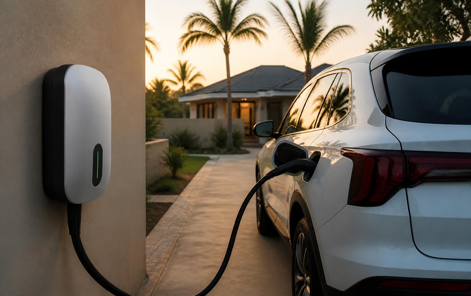 White electric SUV plugged into a home wall charger in a Nigerian residential compound at dusk